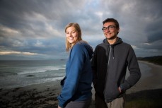 A long way from Nuremburg, Germany, for Susanna Wechsler and Fabian Gentner, during a surf check at Blackhead Beach, Dunedin, New Zealand. 