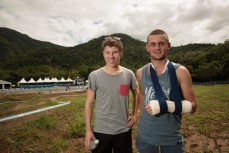 Kiwi riders Anton Cooper (left) and Tom Bradshaw on the sidelines after being struck down with illness and injury at the 2014 Cairns UCI MTB World Cup event held in Tropical North Queensland, Queensland, Australia. 