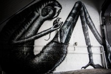 Street art by Phlegm in an alleyway in Dunedin, New Zealand. 