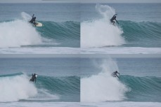 Luke Murphy rides a wave at Blackhead Beach, Dunedin, New Zealand.