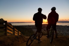 Mountain bikers start the day in style on a trail beneath the gondola at Skyline Rotorua, Rotorua, New Zealand. 