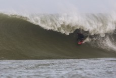 Jamie Gordon rides a solid wave at the Southern Slab in the Catlins, Southland, New Zealand. 