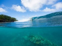 Adam Bazzard slots in for a tube at Boulders near Salani, Samoa. 