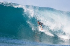 Brett Wood drives through wave at Salani Rights, Salani, Samoa. 
