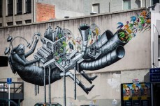 Phlegm Manse artwork on a wall of a building in the CBD of Dunedin, New Zealand. 