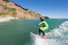 Elliott Brown weaves down the line on a fun wave at Aramoana, Dunedin, New Zealand. 