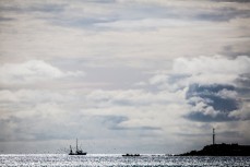 A fishing boat returns with a full load at Aramoana, Dunedin, New Zealand. 