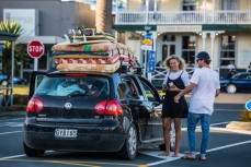 A stack of boards and matresses on this surf trip car in the Main Street, Raglan, New Zealand. 