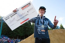 Brett Rheeder, of Canada, celebrates his win at the Slopestyle event at the inaugural Crankworx Rotorua event held at Skyline Rotorua, Rotorua, New Zealand, March 25-29, 2015.