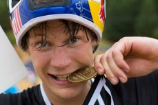 Mons Royale Dual Speed and Style winner Martin Sodestrom, of Sweden, celebrates at the inaugural Crankworx Rotorua event held at Skyline Rotorua, Rotorua, New Zealand, March 25-29, 2015.