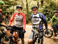 Rotorua deputy mayor Dave Donaldson (left) and Tourism New Zealand CEO Kevin Bowler prepare for a pre-Trenz 2015 mountain bike ride in Whakarewarewa Forest, Rotorua, New Zealand. 