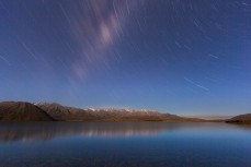 Star trails over Lake Heron, Lake Heron Station, Ashburton, Canterbury, New Zealand. 
