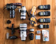 Photographic kit assembled ahead of a trip into an alpine pass, St Clair Beach, Dunedin, New Zealand. 