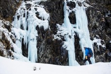 Dean Aspin walks up to two pillars during and ice climbing trip in a series of hidden valleys near Hanmer, Marlborough, New Zealand. 