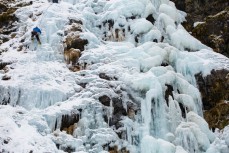 Dean Aspin seconds a new water ice climb during a trip in a series of hidden valleys near Hanmer, Marlborough, New Zealand. 