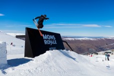 Hamish McDougall tailgrabs onto the Mons Royale box at Cardrona Parkat Cardrona Alpine Resort, Wanaka, New Zealand. 