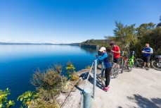Riders pause to check out views to Ruapehu across Lake Taupo during a ride of the Waihaha to Waihora section of the Great Lake Trail, Taupo, New Zealand.