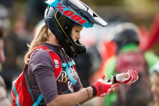 Rae Morrison prepares for the 2015 Urge 3 Peaks Enduro mountain biking race held in Dunedin, New Zealand. 