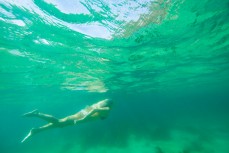 A swimmer takes int he clear water at Shelley Beach near Manly on the Northern beaches of Sydney, NSW, Australia. 