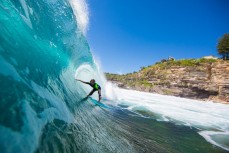 Archie Elliott lines up a barrell in fun conditions at LA on the Northern beaches of Sydney, NSW, Australia. 