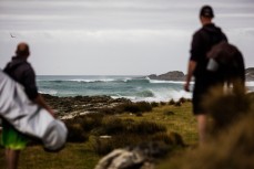 The search for fun waves at a remote coastline in the Catlins, Otago, New Zealand. 