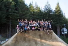 Riders congregate to salute a fallen hero, Kelly McGarry, during the Crankworx World Tour Slopestyle event held at Skyline Rotorua, Rotorua, New Zealand, March 9-13, 2016.