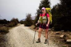 The Lost Pom, Kelly Purdie, of England, 1100km into her 4500km journey on foot in New Zealand to raise awareness for juvenile parkinsons – a rare disease her sister has had to deal with since she was 15. Here she is halfway between Wanaka and Hawea on th