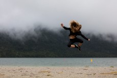 Leaping with Skinnies ambassador Kristin Crook at Blue Lake, Rotorua, New Zealand. 