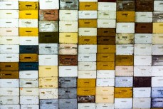 Bee boxes on Muzzle Station, on the Clarence River between the Inland and Seaward Kaikoura Ranges, Kaikoura, New Zealand. 