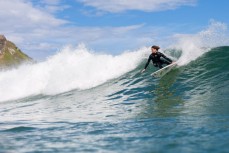 Elliott Brown cuts back in fun waves at Blackhead Beach, Dunedin, New Zealand. 