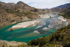 The Clarence River ribboned above a recent slip, Muzzle Station, Kaikoura, New Zealand.