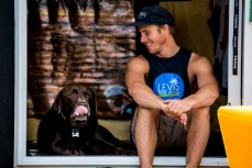 Levi with Koda of Levi Pedal Kayak Tours at Kaikoura, Canterbury, New Zealand.
