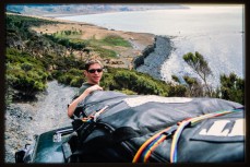 Blair Rogers navigating the Whiterock slipface during the early days surf exploration around the Wairarapa Coast, Wairarapa, New Zealand. Derek Morrison Archives 1993-1996