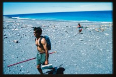 Raj Patel returning empty handed during the early days surf exploration around the Wairarapa Coast, Wairarapa, New Zealand. Derek Morrison Archives 1993-1996