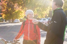 Olympian Rod Dixon shares a laugh with Nadia Coombe in the carpark of the Whakarewarewa Forest at Rotorua in the Central North Island, New Zealand.