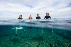Kaya Horne, Jonas Tawharu, Elliott Brown and Caleb Cutmore check out the reef at Cloudbreak during the 2017 Fiji Launch Pad event held In the Mamanuca Islands, Fiji.