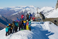 The North Face athletes Fraser McDougall and Sam Smoothy share their skills and knowledge with 14 aspiring free skiers on a bluebird day at Treble Cone Ski Resort, Wanaka, Central Otago, New Zealand.