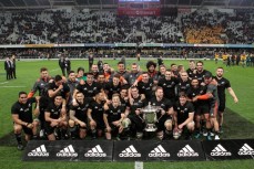 The winning team with the Bledisloe Cup after the New Zealand All Blacks v Australia, Rugby Championship test match, Forsyth Barr stadium, Dunedin, New Zealand. 26 August 2017. Copyright Image: Derek Morrison / www.photosport.nz