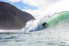 Angus drops into a wave during a punchy swell at Aramoana, Dunedin, New Zealand.
