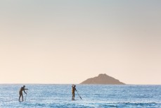 SUP surfers enjoy calm conditions at St Clair Beach, Dunedin, New Zealand.