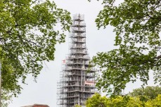 First Church cloaked in scaffolding in central Dunedin, New Zealand.