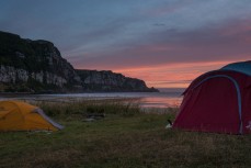 Camping at Purakaunui Bay in the Catlins, Southland, New Zealand.