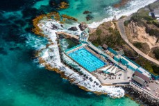 Aerial shots of the Dunedin coastline, St Clair Hot Salt Water Pool, Dunedin, New Zealand.