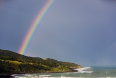 A rainbow arcs above a new swell a little bit raw at Raglan, Waikato, New Zealand.