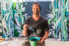 San Francisco artist Ian Ross creates a large-scale mural  on the wall inside the Heritage Café on Vogel Street, Dunedin, New Zealand. 
