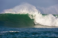 Brad Roberts takes on big waves at a remote reefbreak in southern New Zealand surfing the same swell that produced a record 23.8m wave to the south of Stewart Island on May 8, 2018. 