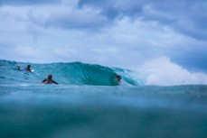 A surfer gets barreled at a Snapper Rocks near Coolangatta on the Gold Coast, Queensland, Australia.