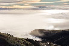 Surfers make the most of waves through the seafog on the North Coast, Dunedin, New Zealand. 