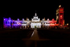 The Dunedin Railway Station is lit up in French colours for the All Black vs France test match, Dunedin, New Zealand. 
