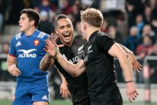 All Blacks Damian McKenzie and Aaron Smith celebrate a try during the All Blacks v France Test Match held at Forsyth Barr Stadium, Dunedin, New Zealand. 23 June 2018. Copyright Image: Derek Morrison / www.photosport.nz